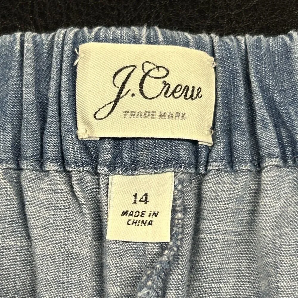 J Crew Wide Leg Pants Women 14 Washed Chambray Blue Crop Pockets Stretch Beach